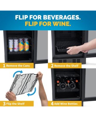 Wine & Beverage Refrigerator – 15" FlipShelf, Dual Zone, 80 Cans/33 Bottles, Black Stainless, Glass Door, Quiet Cooling, Built-in/Freestanding