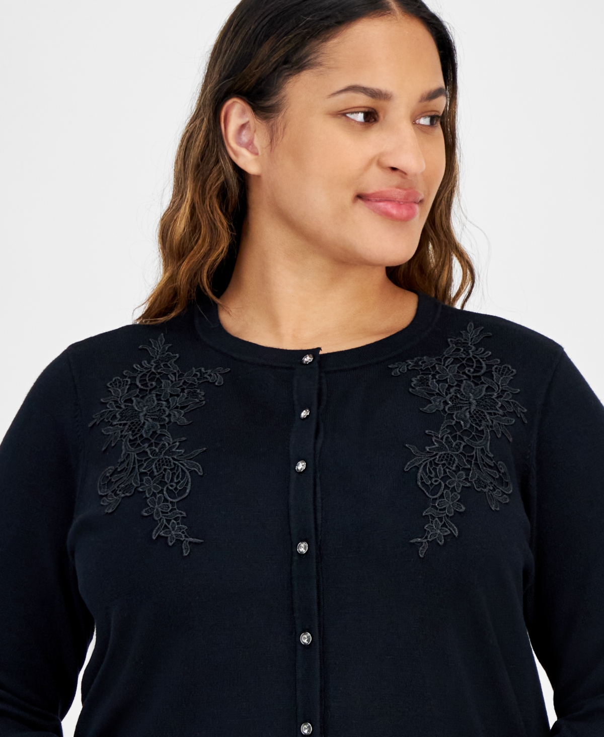 Jm Collection Plus Size Applique Long-sleeve Button-front Cardigan, Created For Macy's In Deep Black