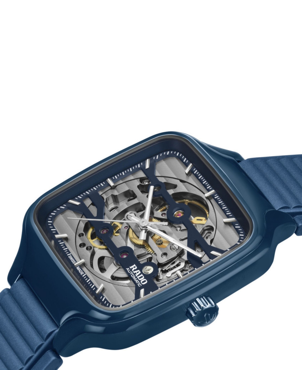 Rado Unisex Swiss Automatic True Square Open Heart Navy Blue Rubber Strap Watch 38mm In No Color
