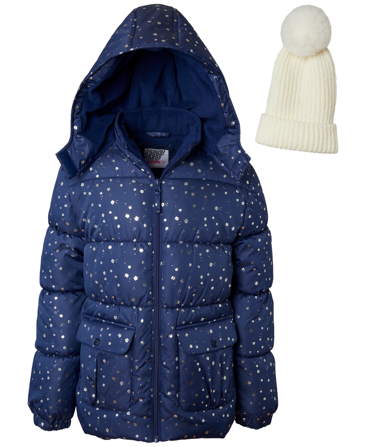 Kensie Girl Big Girls Metallic Star-Print Fleece-Lined Hooded Puffer Jacket with Ribbed-Knit Pom-Pom Beanie