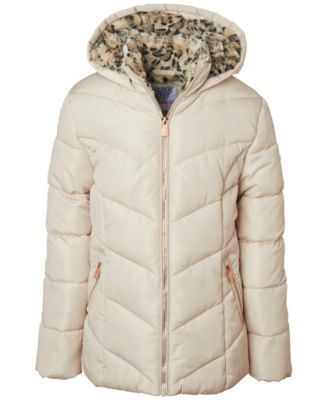 Kensie Girl Big Girls Quilted Full Zip Hooded Puffer Jacket with Cheetah Print Faux Fur Lining Macy s