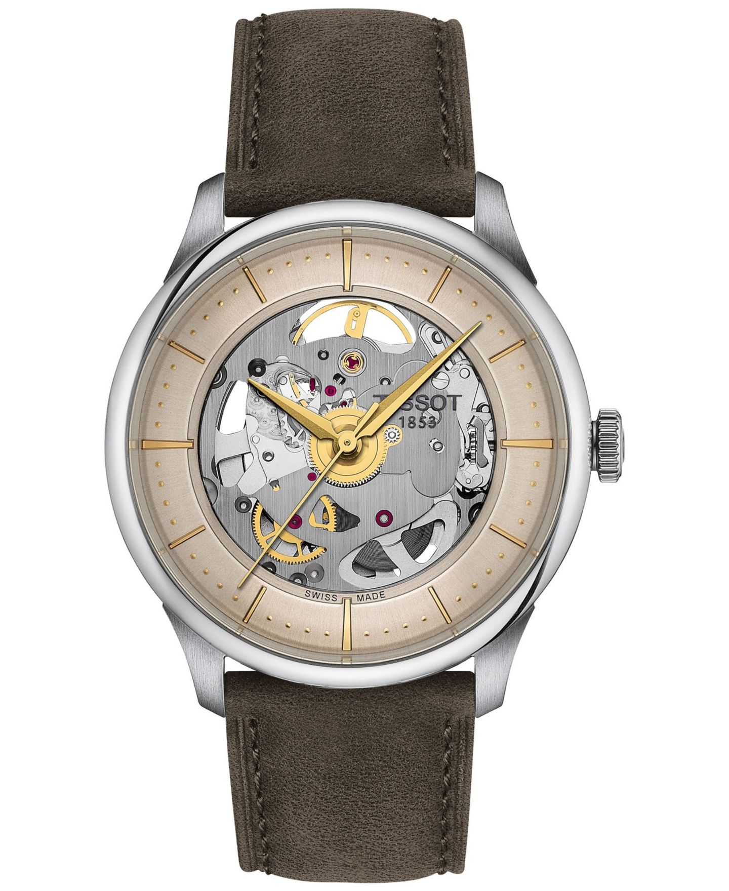 Мужские часы Tissot Chemin Des Tourelles Skeleton Automatic, коричневый ремешок, 39 мм — фото 1