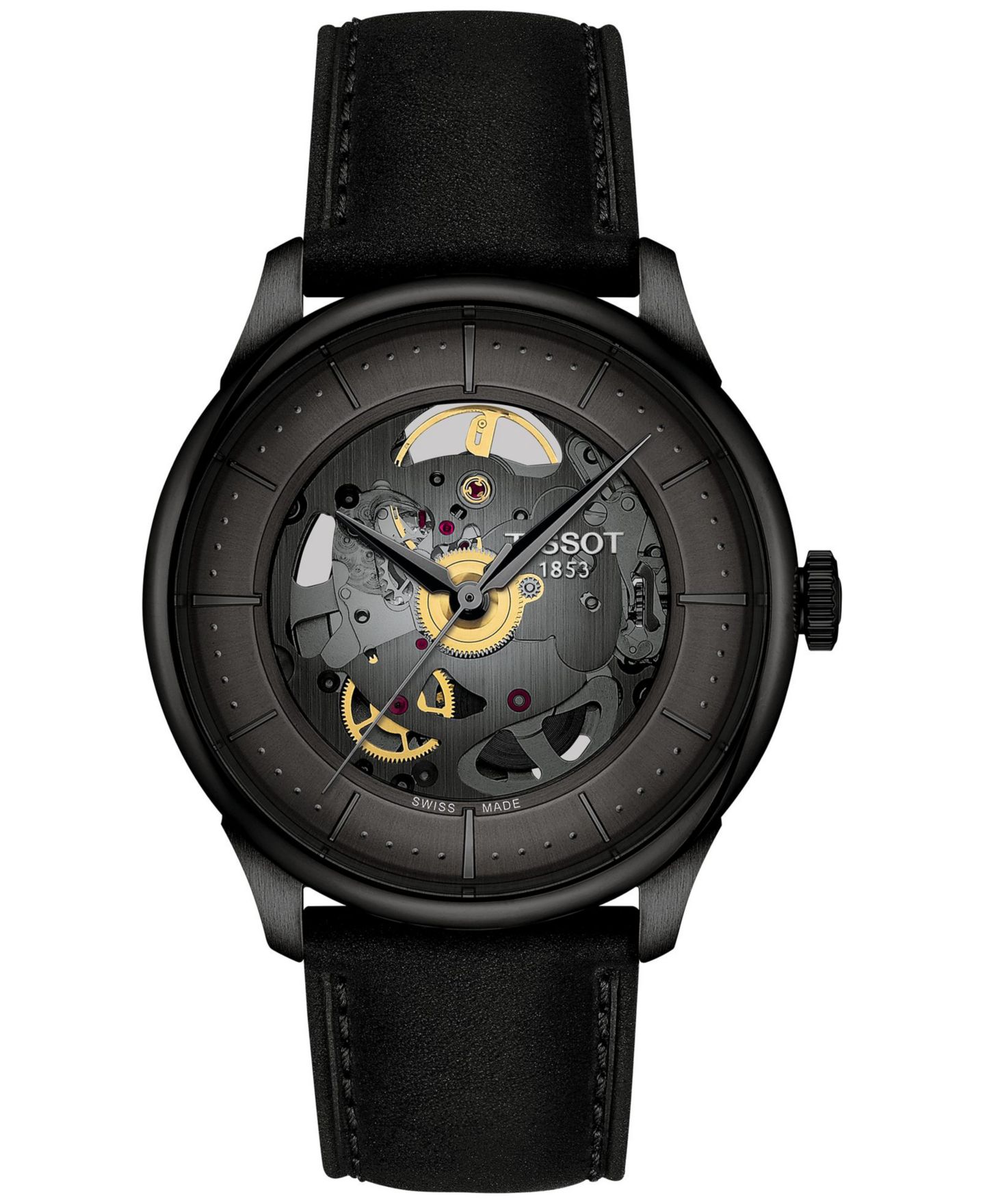 Мужские часы Tissot Swiss Automatic Chemin Des Tourelles Skeleton Black Leather Strap Watch 40mm — фото 1