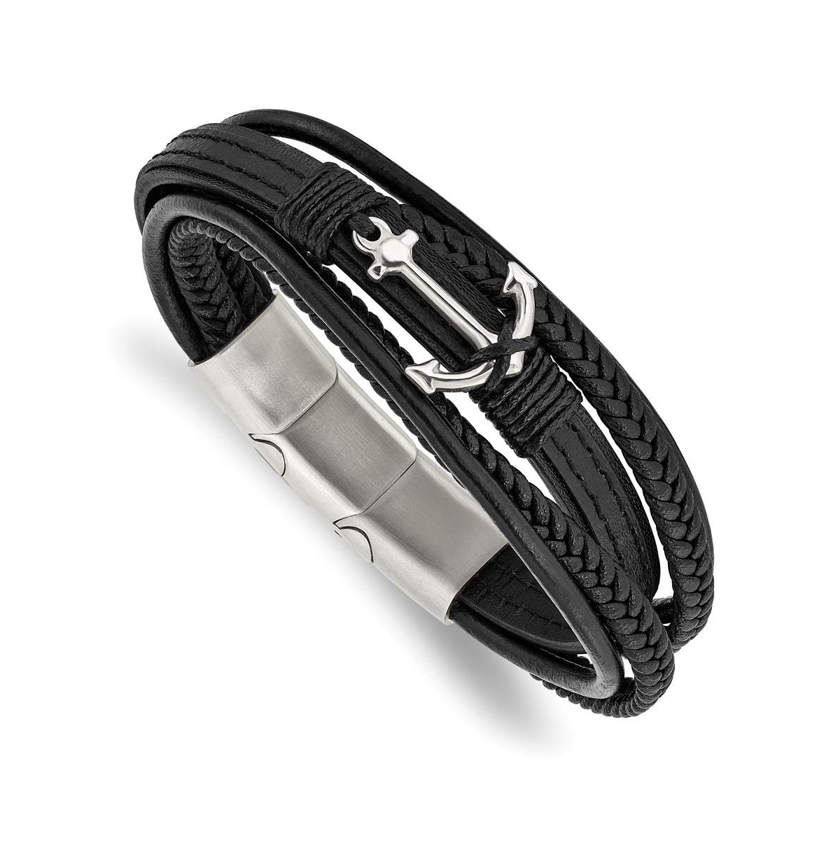 Stainless Steel Anchor Black Leather Bracelet with Extension - Black