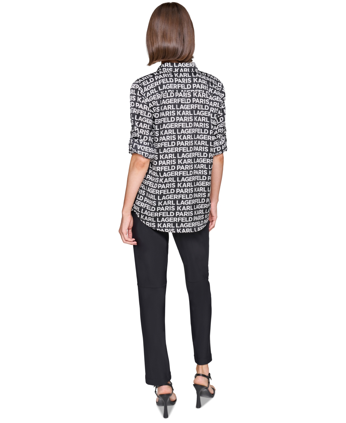 Karl Lagerfeld Paris Petite Logo Print Roll-Tab-Sleeves Button-Front Shirt, First@Macy's -Soft White