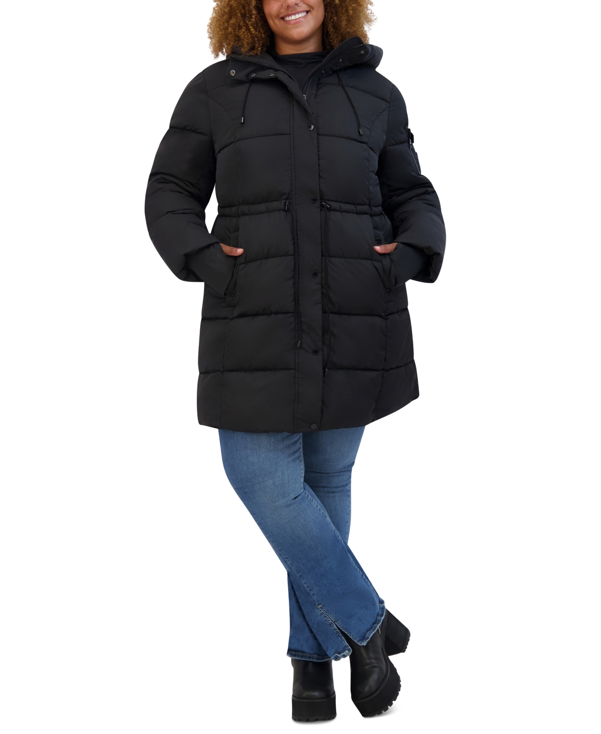 Steve Madden Plus Size Hooded Drawstring-Waist Puffer Coat, Created for Macy's