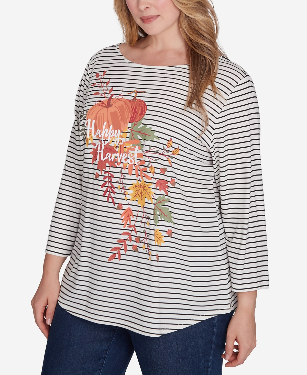 Ruby Rd. Plus Size Boat Neck Happy Harvest Striped Knit Top In Alabaster Multi
