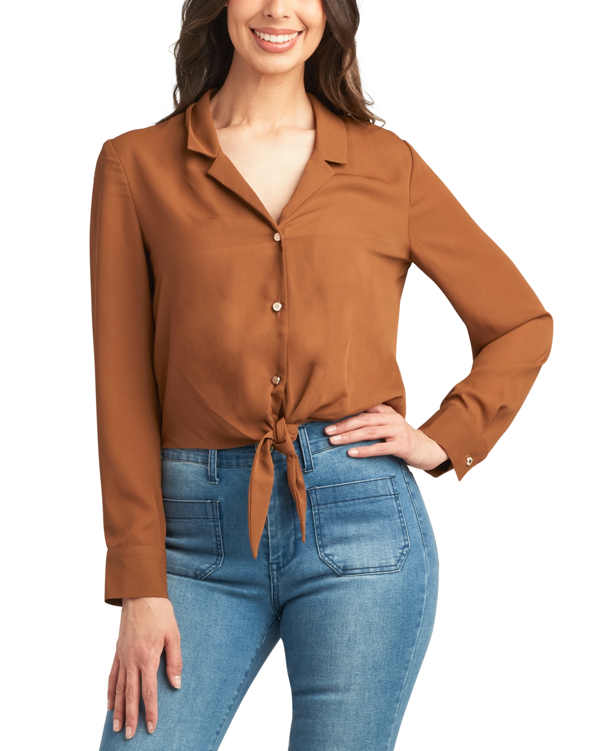 Bcx Juniors' Notch-Collar Tie-Front Long-Sleeve Top