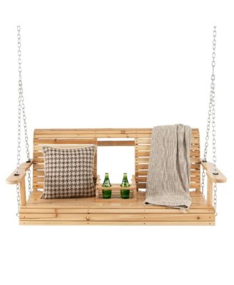 2-seat Wood Swing Bench with Folding Cup Holder and Sturdy Metal Hanging Chains