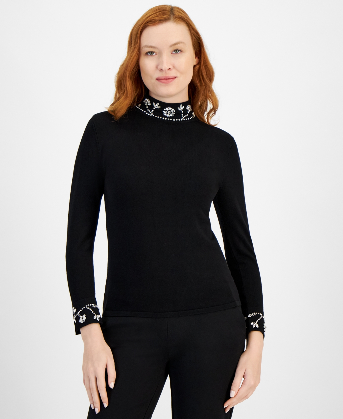 Anne Klein Womens Embellished Viscose Mock Turtleneck Sweater In Anne Black