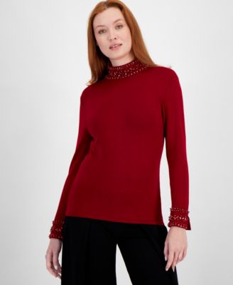 Anne Klein - Women's Embellished Mock Neck Long Sleeve Sweater