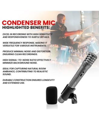 Professional Instrument Microphone Pencil Mic Condenser Cardioid Unidirectional Stick Microfono + Windscreen Mic Clip & Case