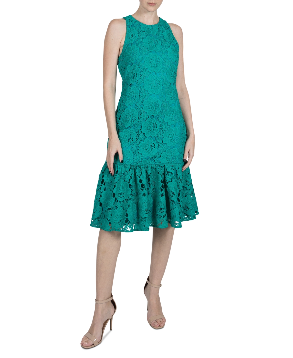 Women's Floral-Lace Sleeveless Tiered Dress - Jade