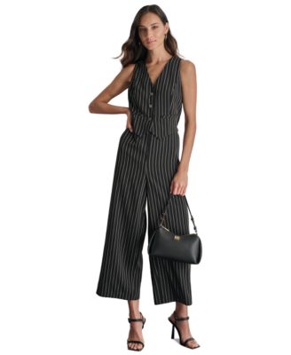DKNY - Women's V-Neck Pinstripe Sleeveless Jumpsuit