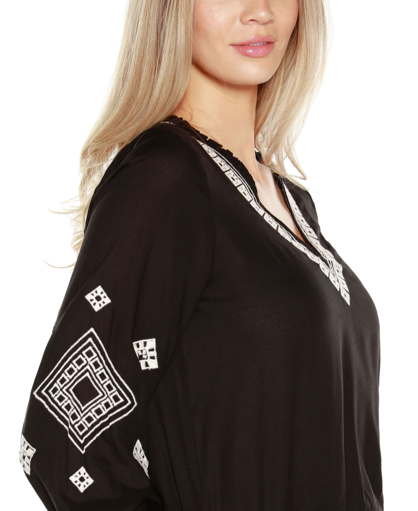 Женская блузка Belldini Black Label Embroidered Blouson Sleeve V-Neck Blouse Top, цвет: Чёрный — фото 2