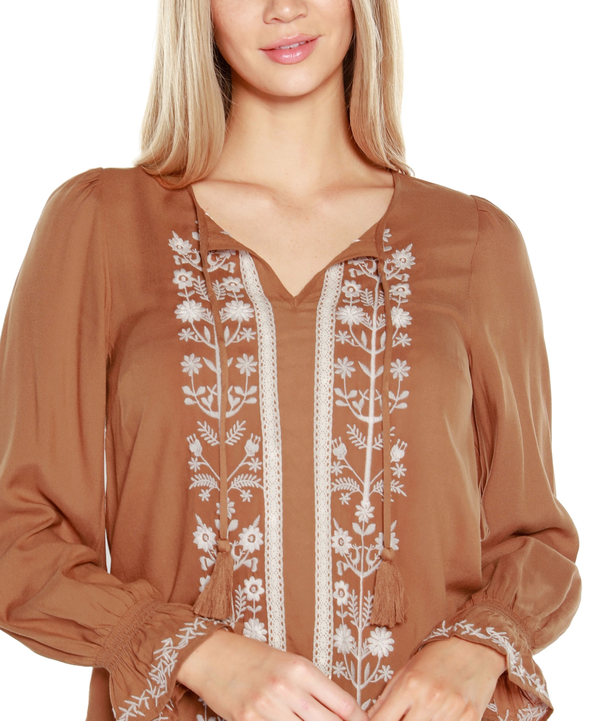 Shop Belldini Black Label Women's Tie-neck Embroidered-front Blouse Top