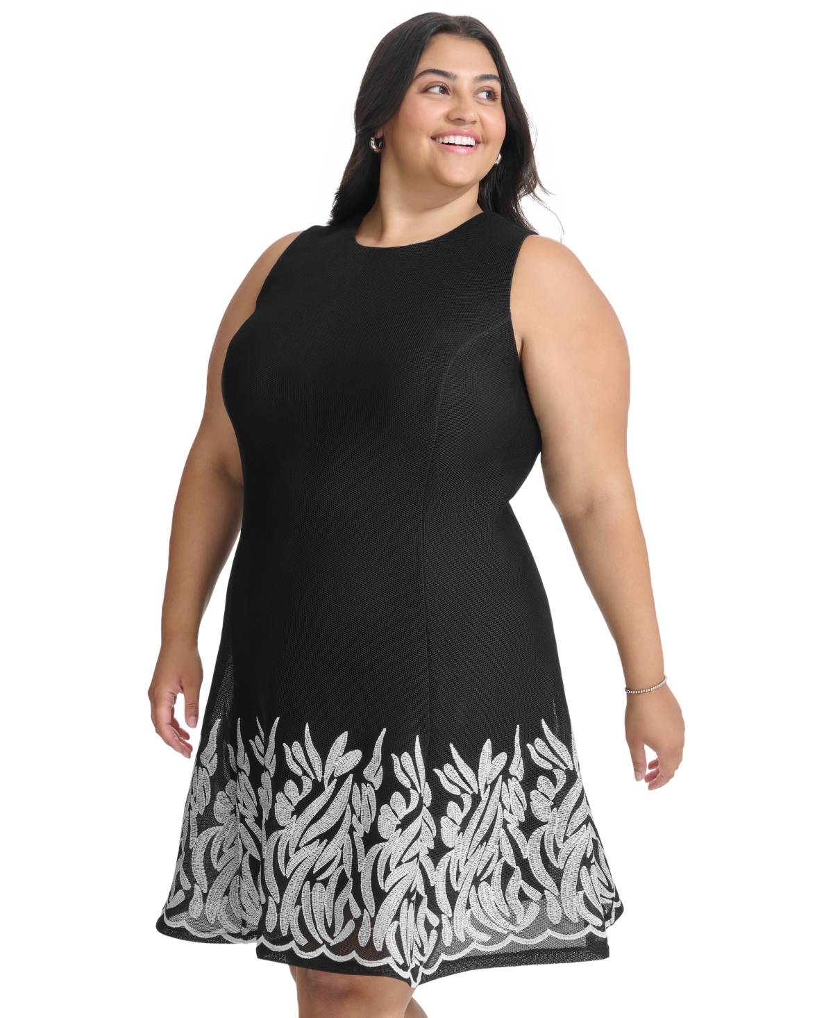 Dkny Plus Size Round-Neck Embroidered-Hem Fit & Flare Dress -Ivory