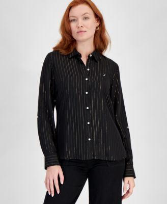 Nautica Jeans - Women's Flickering Pinstripe Roll-Tab-Sleeve Button-Up Shirt
