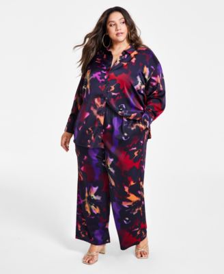 Trendy Plus Size Satin Shirt Wide Leg Pants