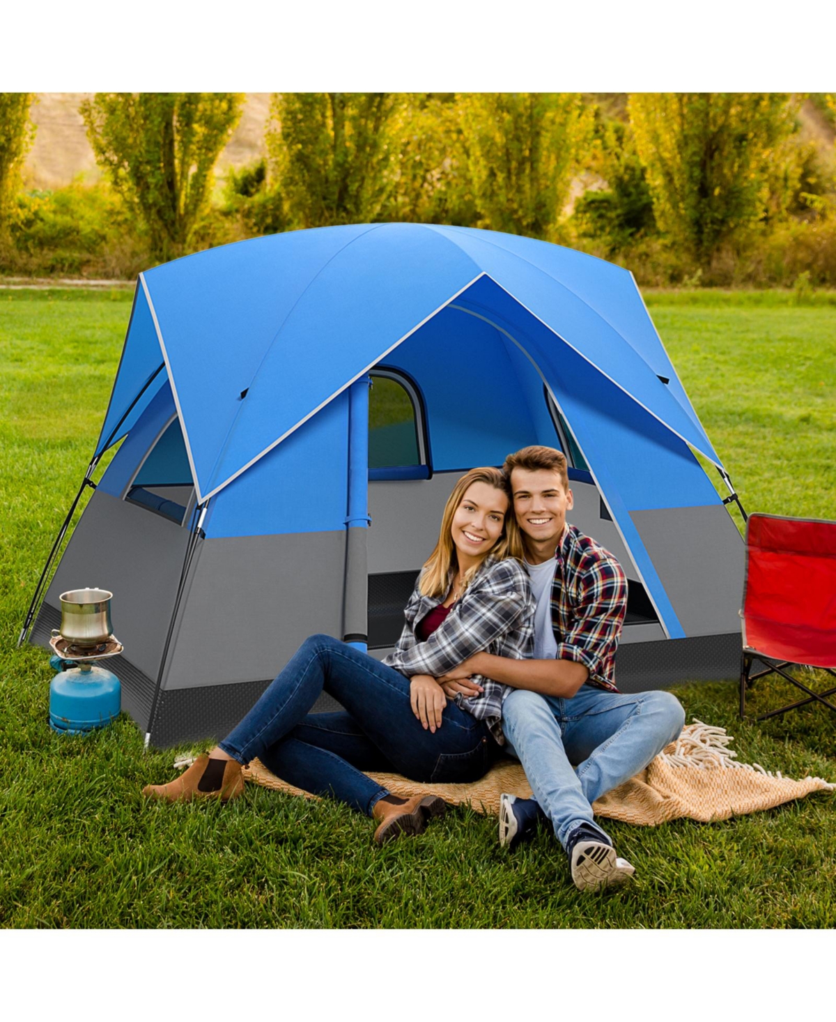 Slickblue 3 Person Outdoor Camping Tent with Removable Floor Mat for Camping Hiking Traveling- Blue, Black