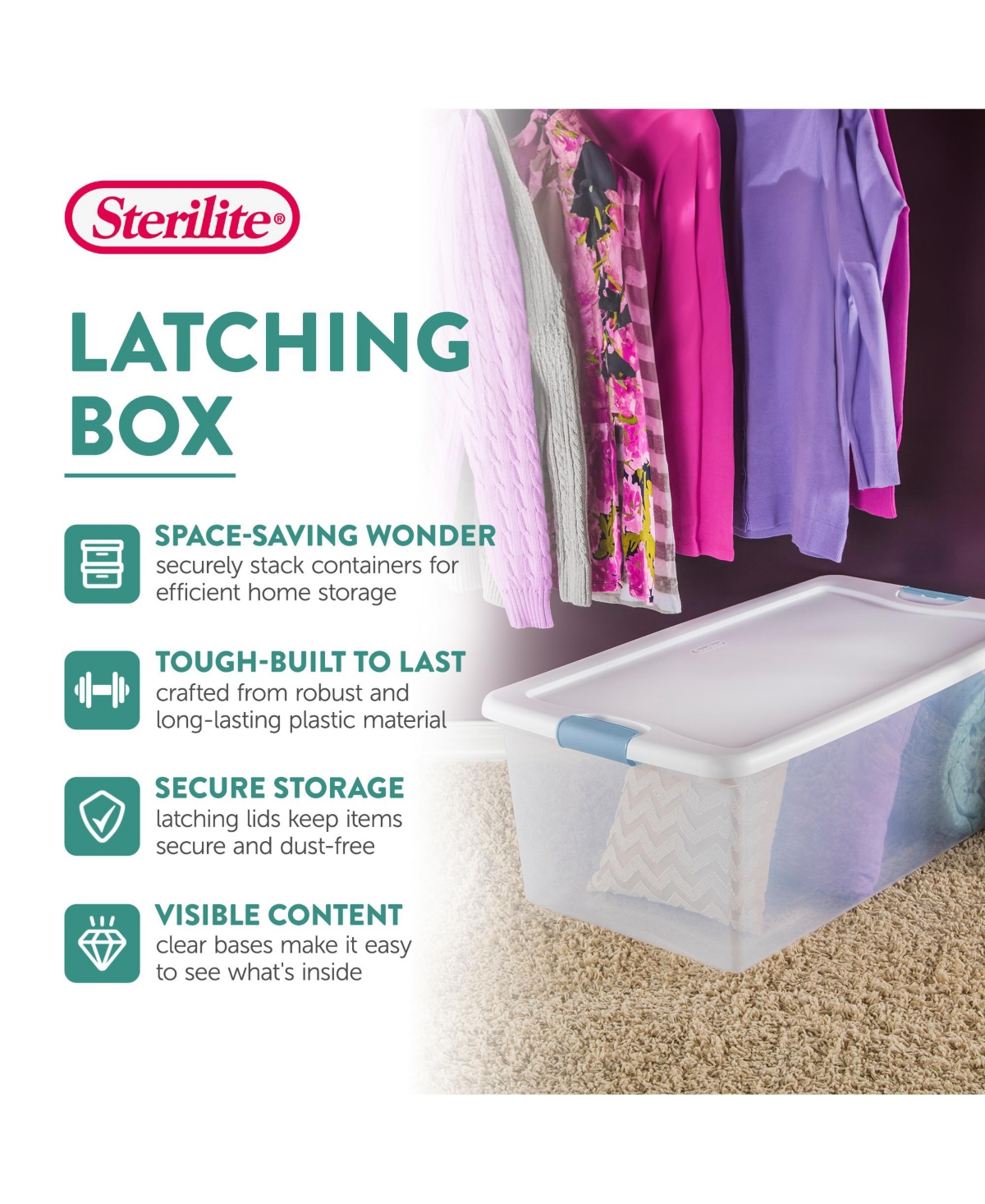 Sterilite 106 Qt Clear Plastic Stackable Storage Bin w/Latch Lid, 4 Pack - White