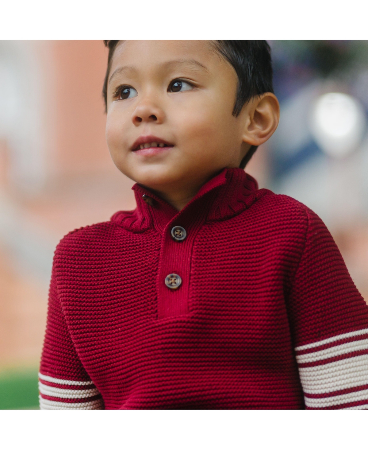 Hope & Henry Boys Organic Long Sleeve Mock Neck Raglan Sweater with Kanga Pocket - Dark red with sleeve stripes