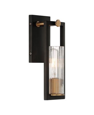 Industrial Modern Wall Light Sconces Set of 2 Black Warm Brass Hardwired 4 1/2" Fixture Clear Ribbed Glass Shade for Bedroom Bathroom Vanity