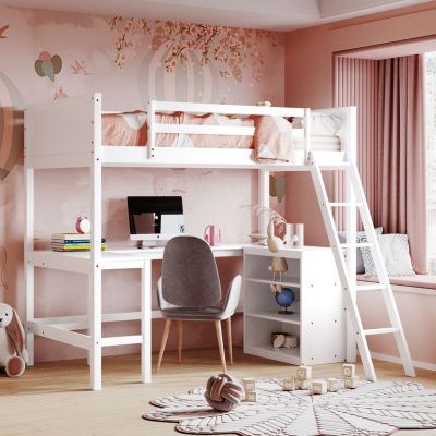 Twin Size Loft Bed With Shelves And Desk, Wooden Loft Bed With Desk