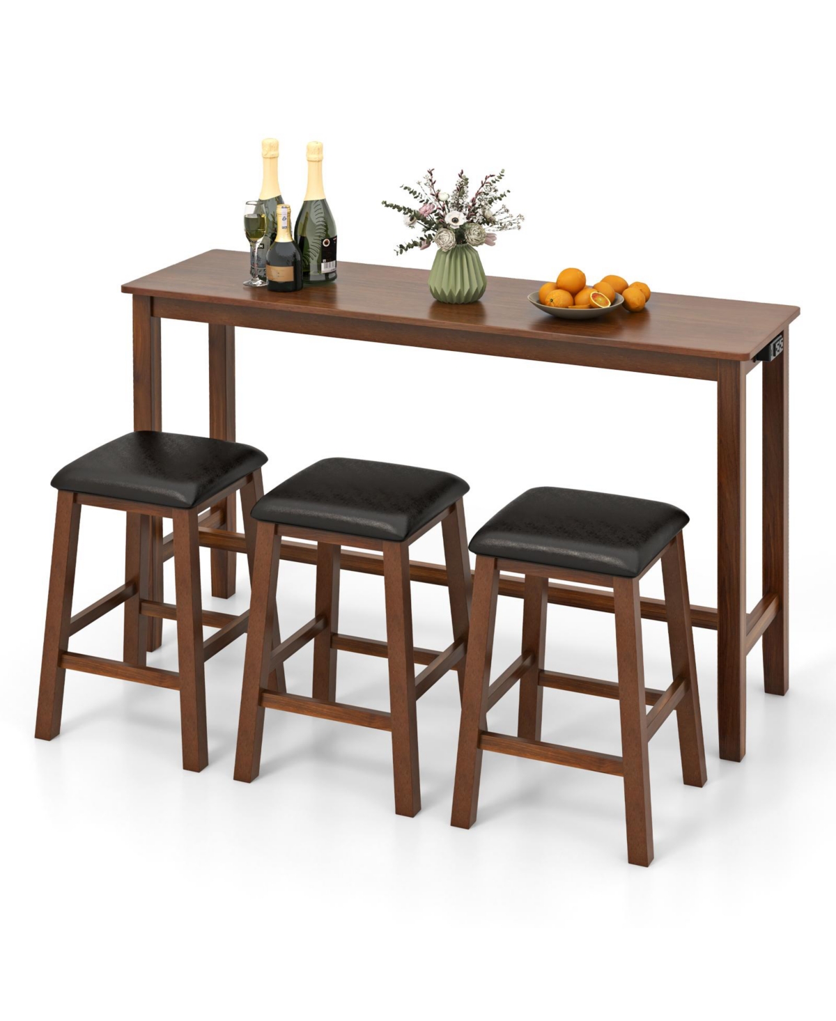 Slickblue 4-Piece Bar Table Set Counter-Height Table and 3 Pvc Leather Upholstered Bar Stools-Brown - Walnut and Brown