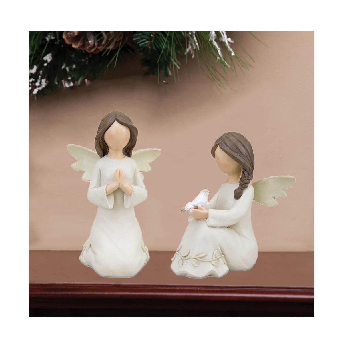 Slickblue Beige Angel Figurine With Raised Floral Accent (Set of 2)