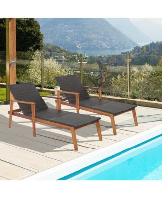 2PCS Adjustable Patio Rattan Lounge Chair Recliner Outdoor Chaise Acacia Wood Frame