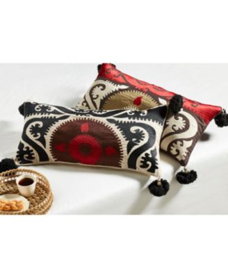 Suzani Embroidery Decorative Pillow Cover with Pom-Poms, Multicolor, 14" x 28"