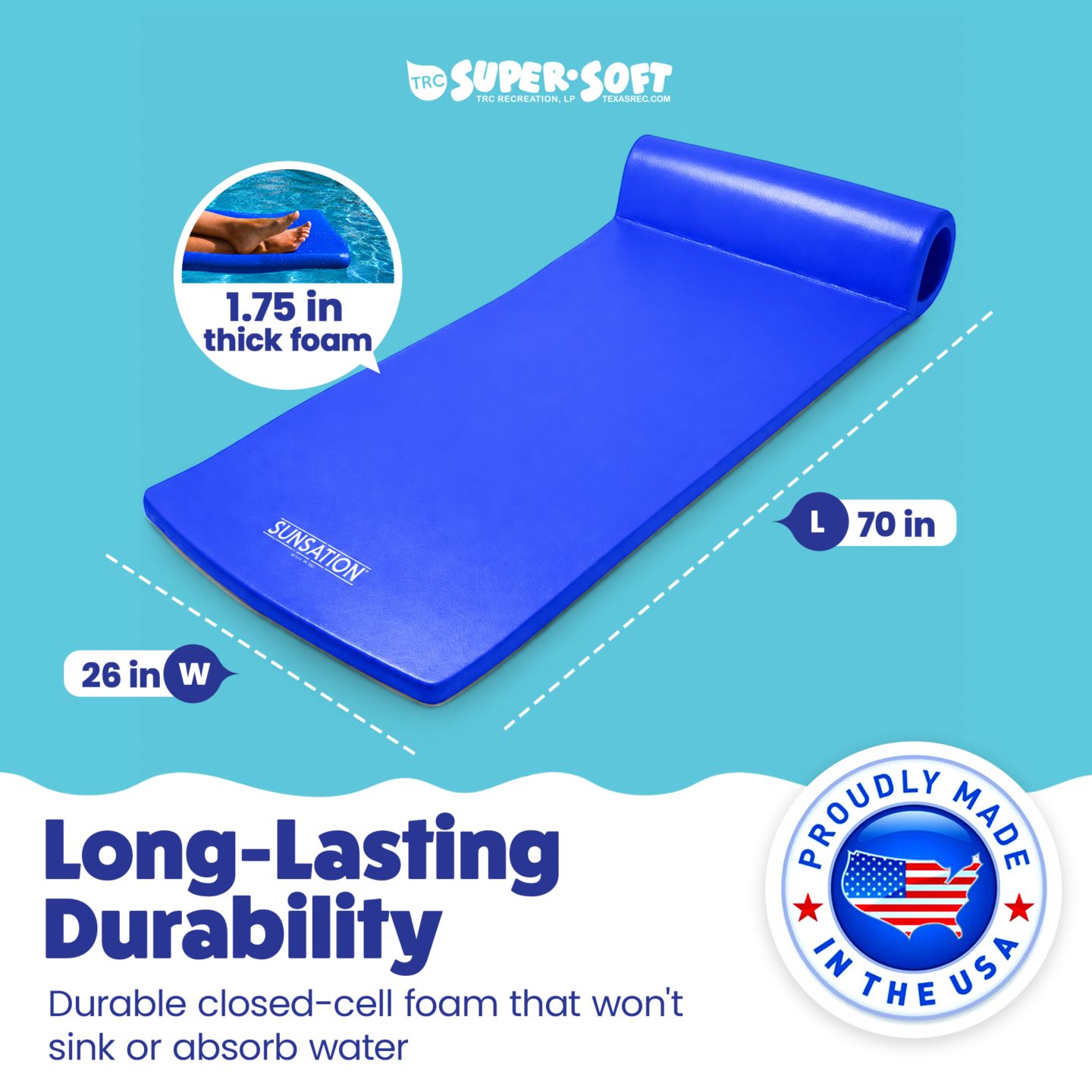 Детская игрушка TRC Recreation Sunsation 1.75" Thick Foam Lounger Raft Pool Float, Indigo Blue — фото 9