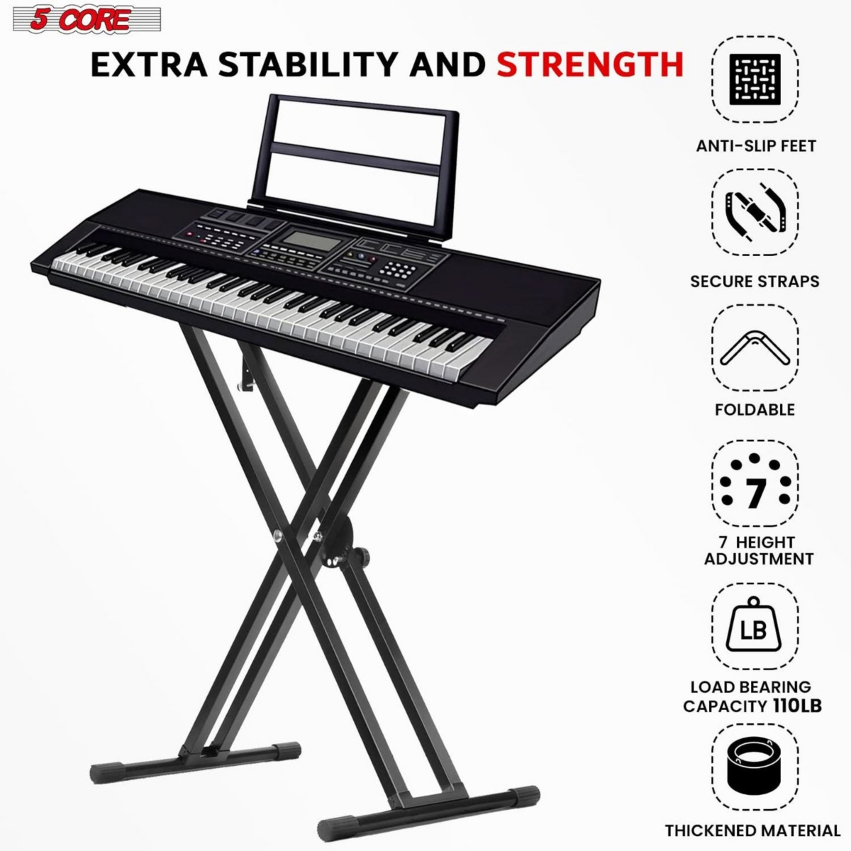 5 Core Piano Stand Double Braced Adjustable Keyboard Stands Metal X Style On Stage Keyboard Seat Durable & Sturdy Easy To Assemble - Ks Blk