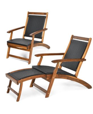 Folding Patio Acacia Wood Deck Chair Rattan Chaise Lounge Chair w/ Footrest