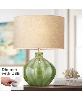 Modern Table Lamp with USB Charging Port 20.5" High Green Ribbed Ceramic Oatmeal Fabric Drum Shade for Bedroom Desk (Color May Vary)