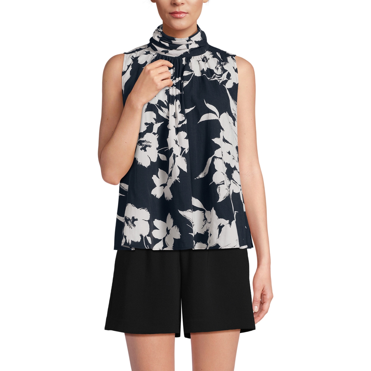 Women's Cotton Voile Mock Neck Blouse - Black painted flower