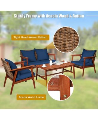 4 Piece Acacia Wood Patio Rattan Furniture Set