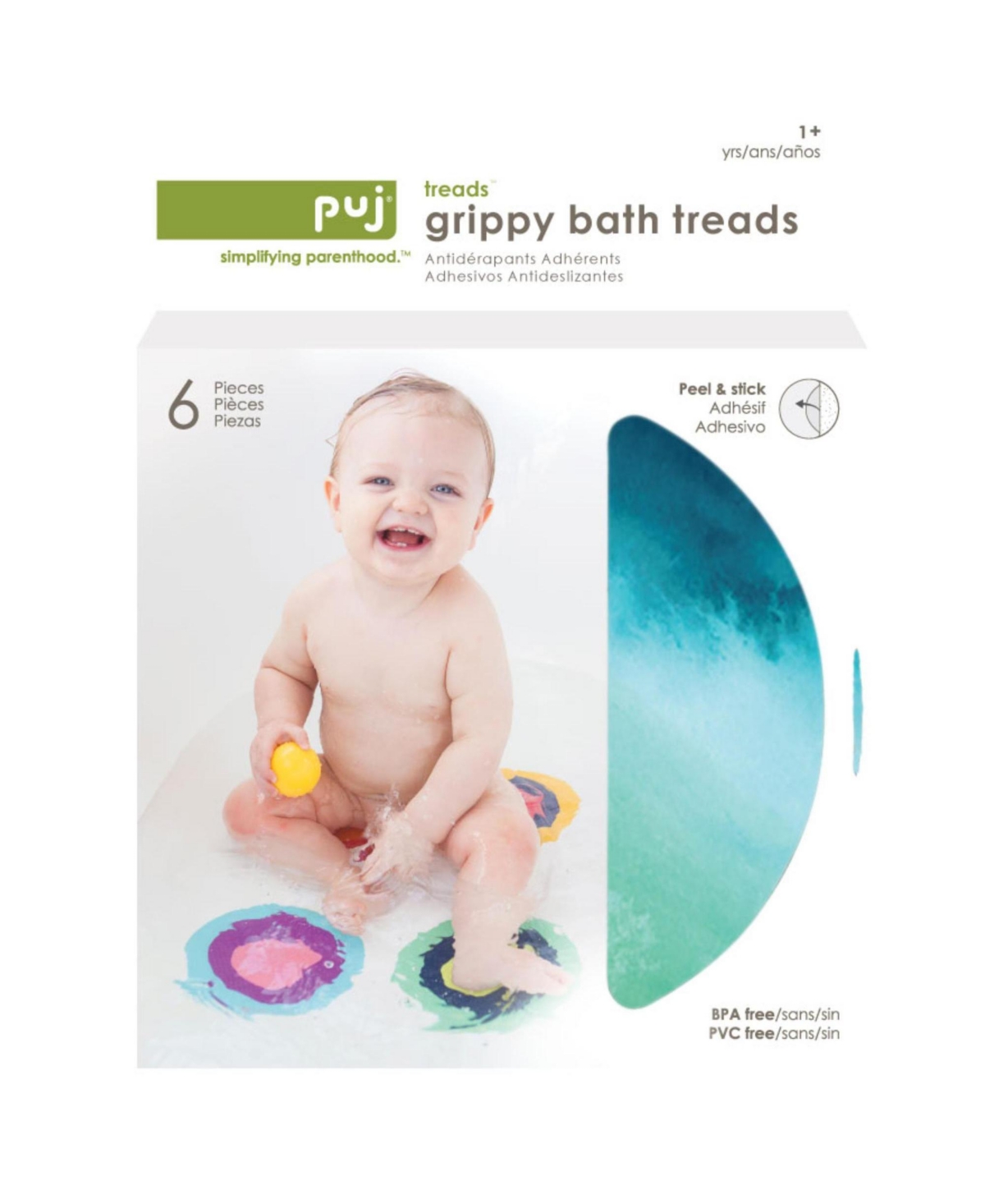 Puj Toddler Bath Treads, 6 piece Grippy Non-slip Adhesive Safety Treads ,- Watercolor
