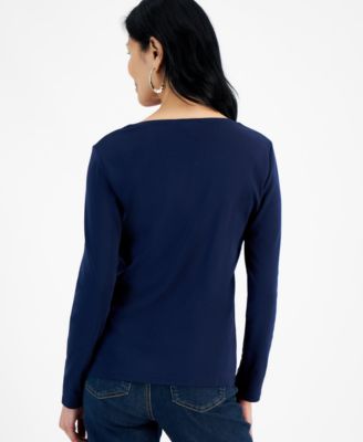Petite Scoop-Neck Long-Sleeve Cotton Top, Created for Macy's 