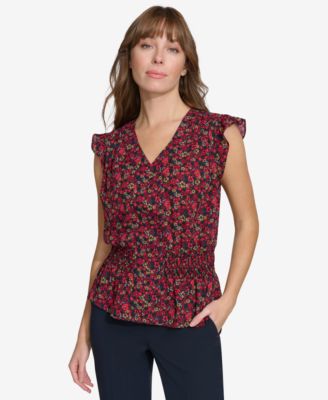 Tommy Hilfiger - Women's Printed Smocked Cap-Sleeve Top