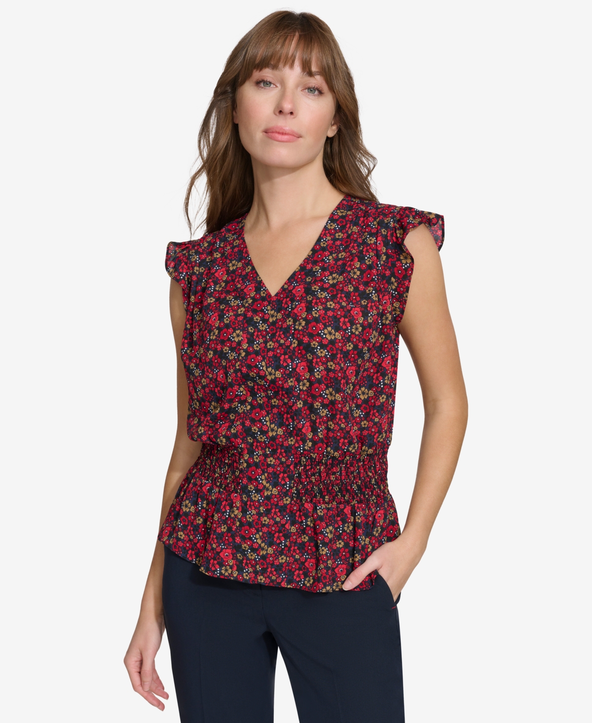 Women's Printed Smocked Cap-Sleeve Top - Mid/chili