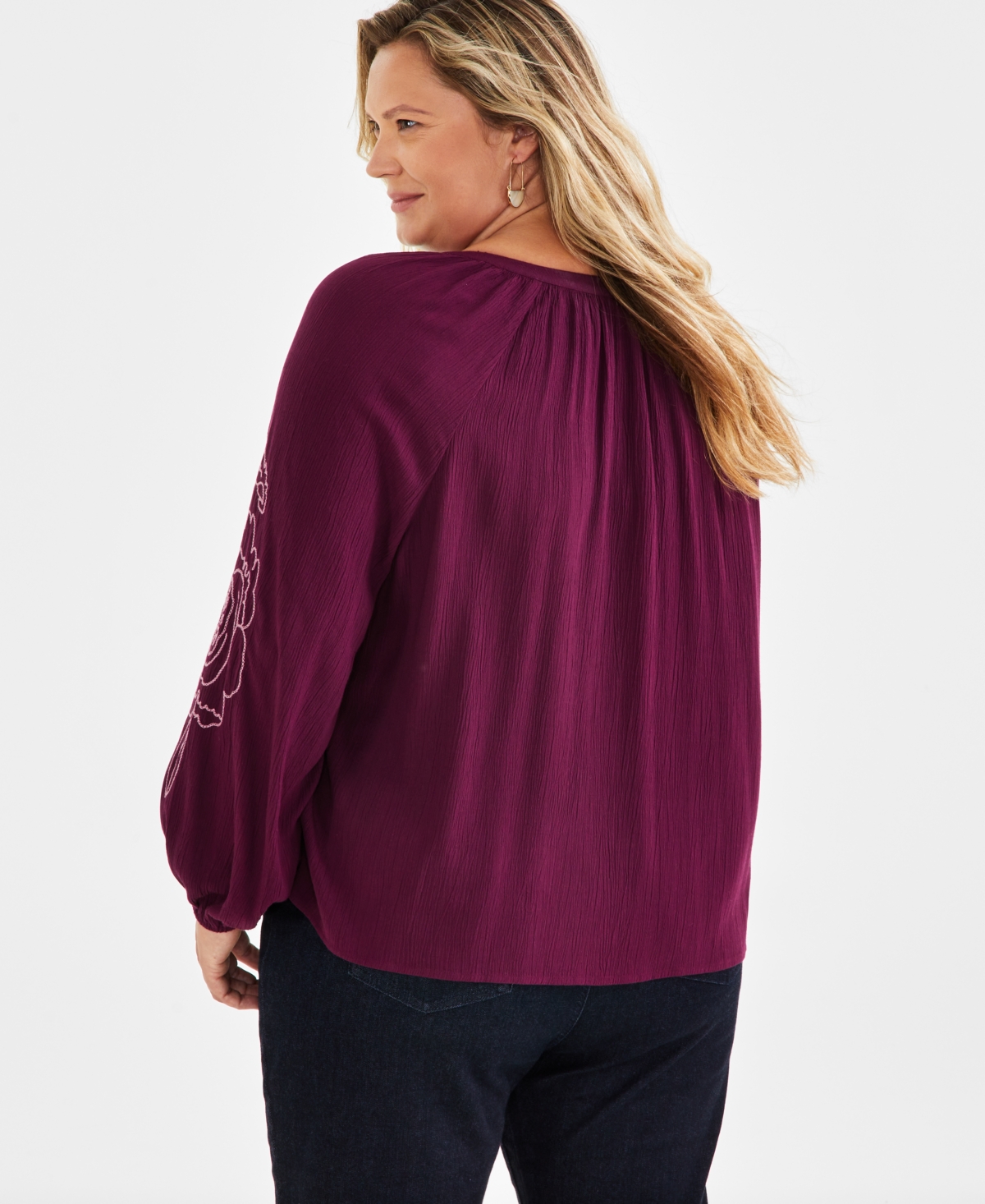 Style & Co Plus Size Floral-Embroidered Popover Blouse, Created for Macy's