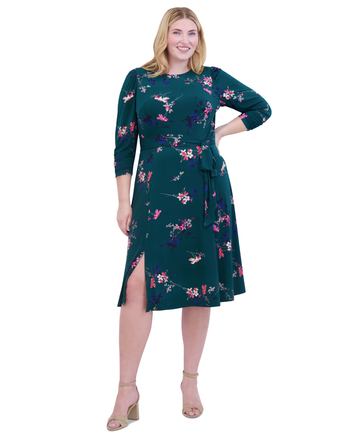 Jessica Howard Plus Size Printed 3 4 Sleeve Belted Midi Dress Green Smart Closet
