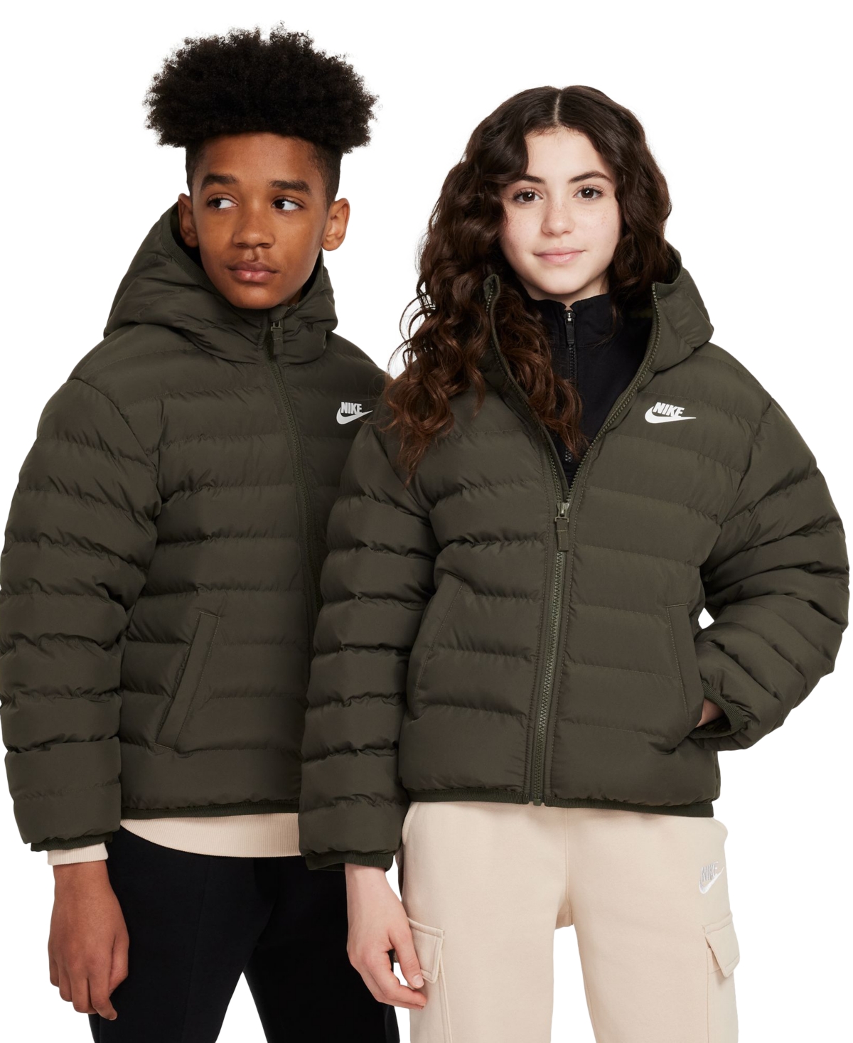 Nike Sportswear Big Kids Lightweight Synthetic Fill Hooded Coat -cargo Khaki/white