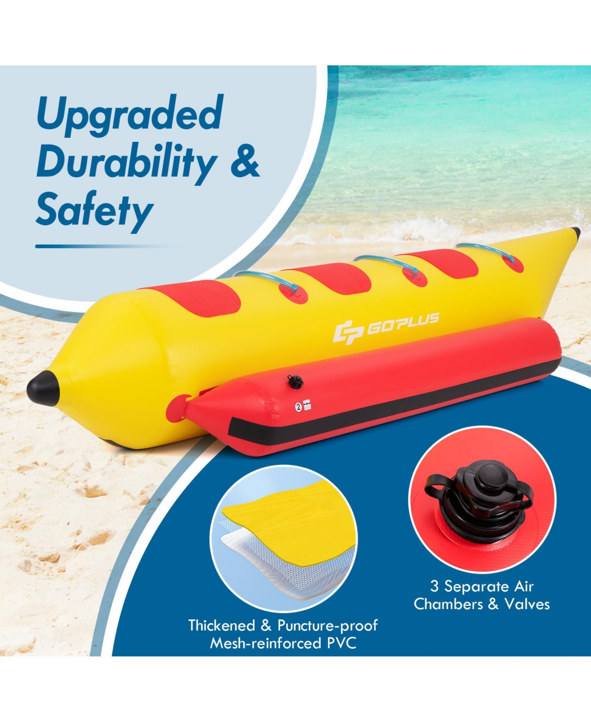 Slickblue 3-Person Inflatable Banana Boat with Electric Air Pump Carrying Bag and Repair Kit - Red