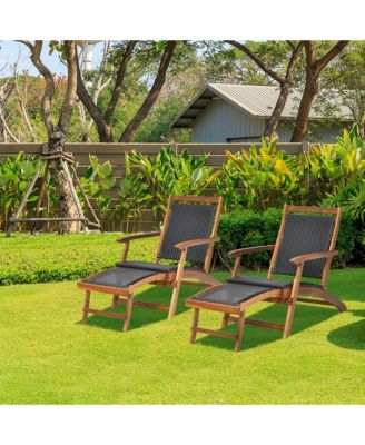 Set of 2 Folding Patio Acacia Wood Deck Chair Rattan Chaise Lounge Chair w/ Footrest