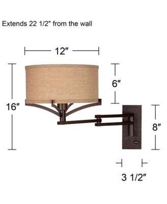 Tremont Rustic Farmhouse Swing Arm Wall Lamp Bronze Plug-in Light Fixture Tan Burlap Drum Shade for Bedroom Bedside Living Room