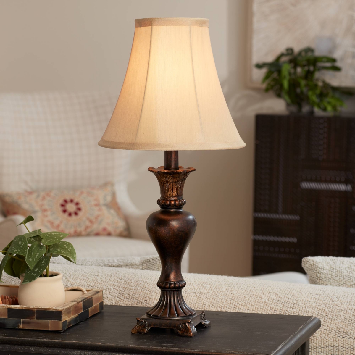 Regency Hill Xavier Traditional Accent Table Lamp High Warm BronzeUrn Footed Base Natural Tone Bell Shade Decor for Living Room Bedroom Hou