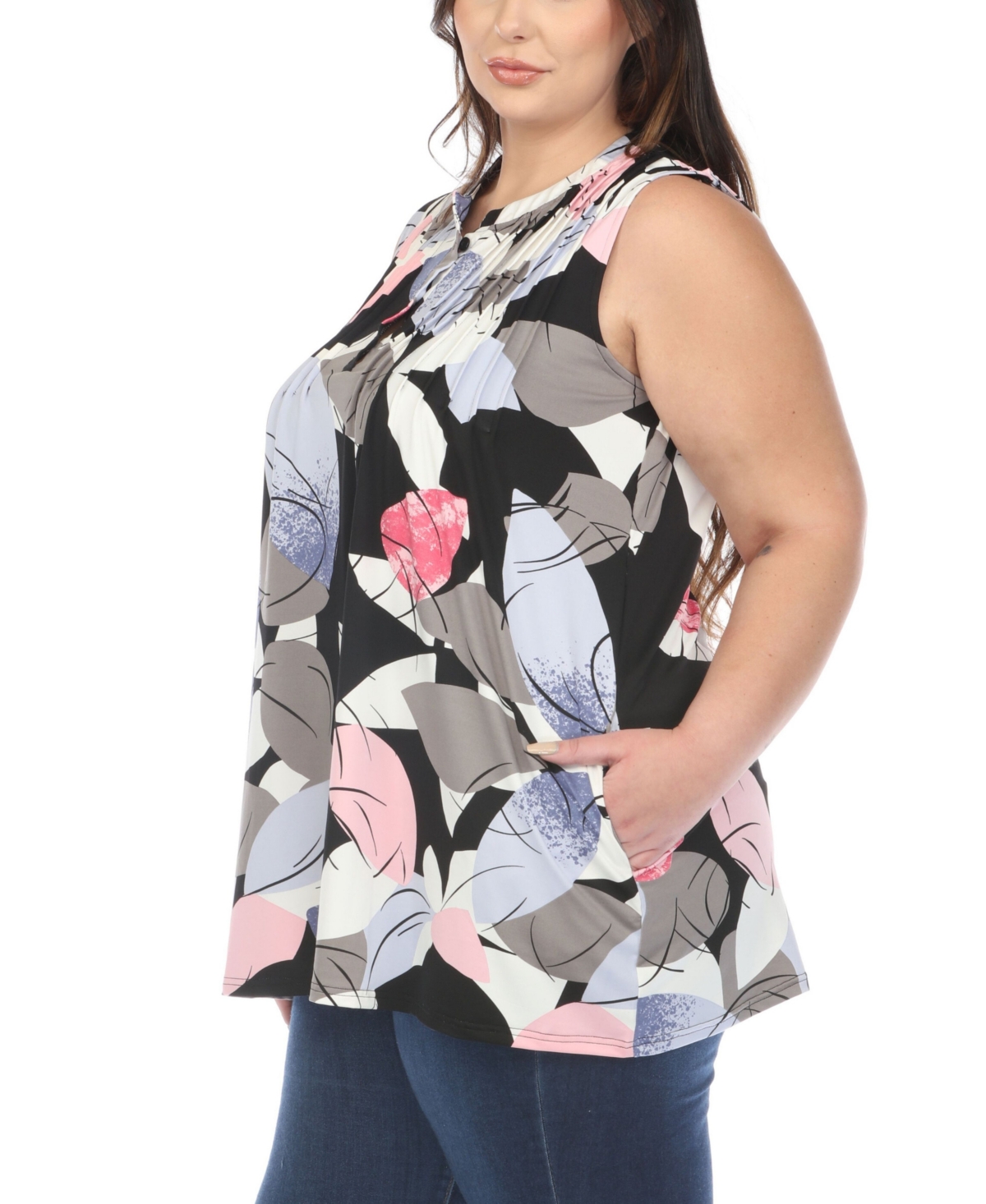 WHITE MARK PLUS SIZE PLEATED FRONT SLEEVELESS TUNIC TOP 